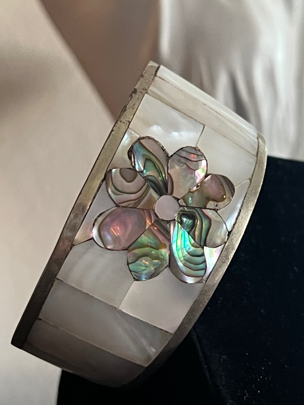 Vintage Mexican Silver & Mother of Pearl Cuff Bracelet /Floral